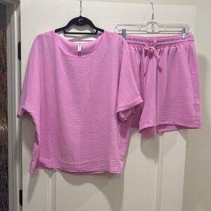 Zenana Relaxed Pink Women's Textured Top and Short Set